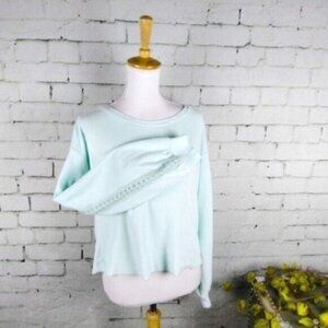 Hello Nite Terrycloth Crocheted Sleeve Crewneck Top In Atmosphere Mint Green S